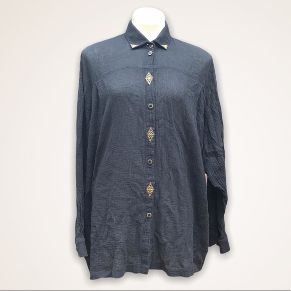 Vintage 90s Black Crepe Oversized Shirt Large - Picture 1 of 8